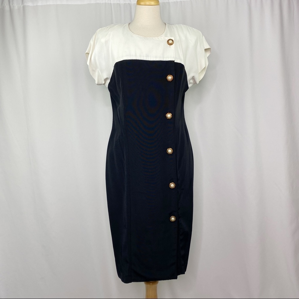 vintage button up cap sleeve color block sheath dress [0466]